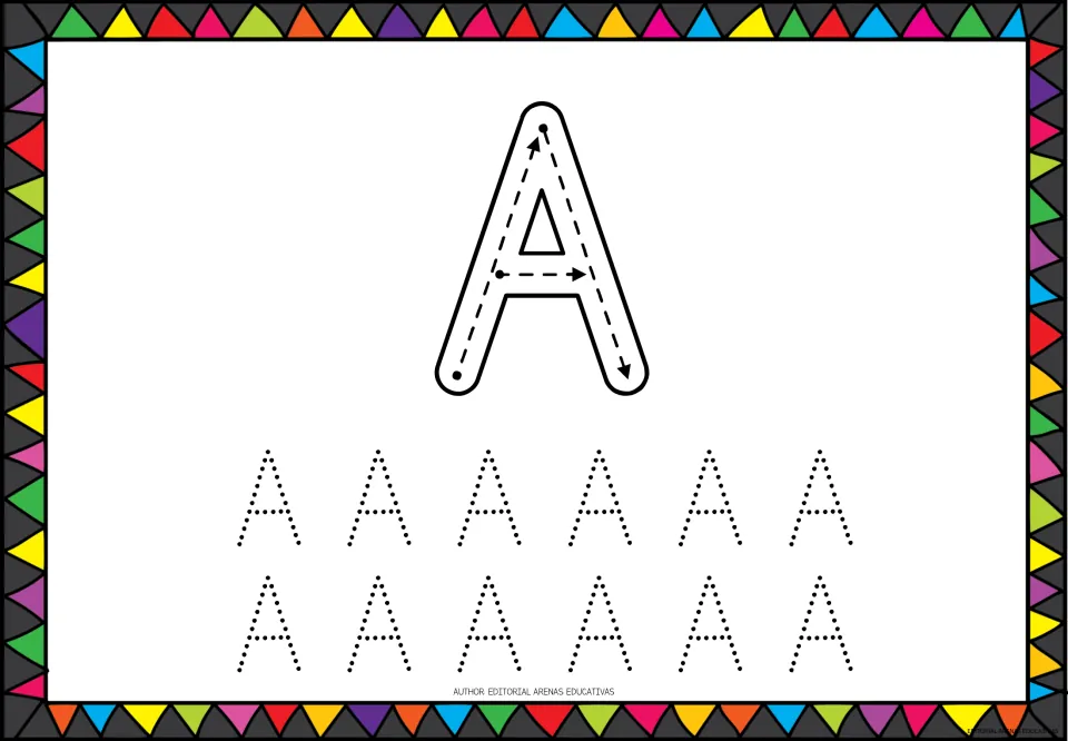 Capital letter A tracing: students follow arrows for two slanted strokes and a crossbar, then trace 12 dotted A's