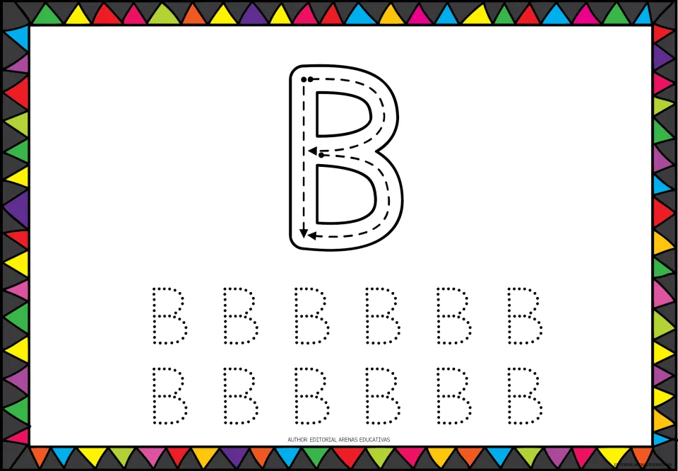 Capital letter B tracing: students trace a down stroke and two curves along arrows, then trace 12 dotted B's for practice