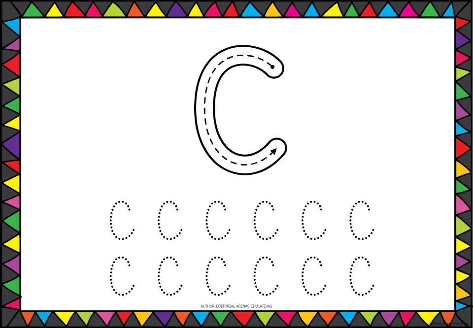 Capital letter C tracing: students follow one curved arrow path from the top, then trace 12 dotted C's in letter formation