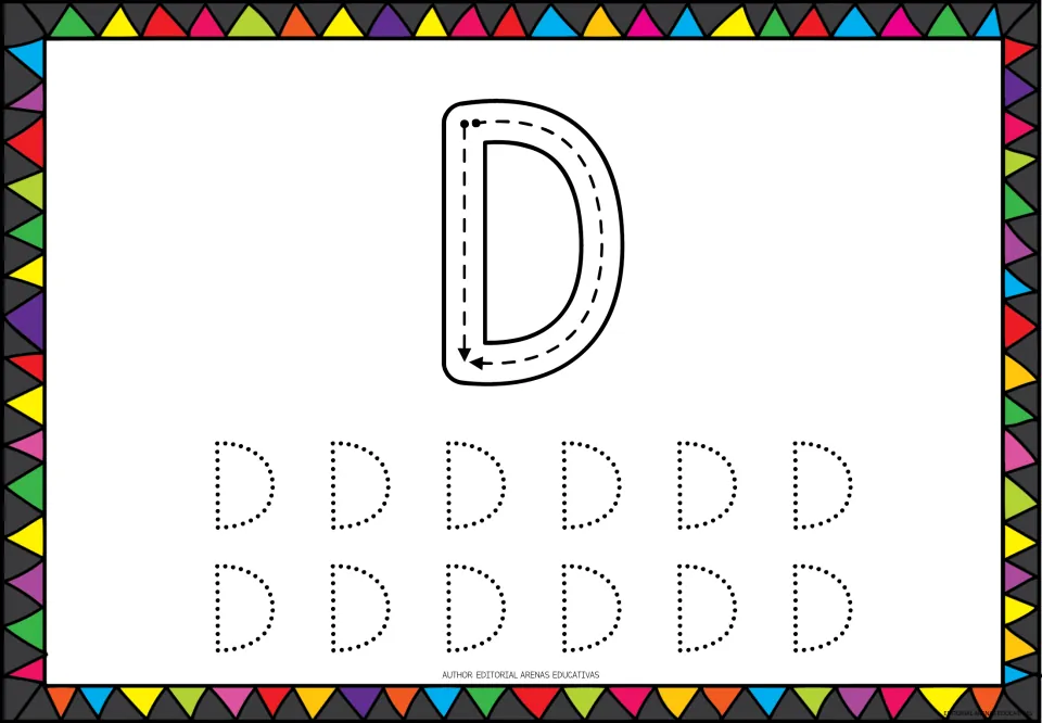 Capital letter D tracing: students trace a straight down stroke and one large curve by arrows, then 12 dotted D's