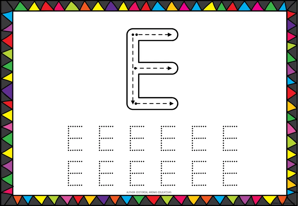 Capital letter E tracing: students trace a down stroke and three across strokes by the arrows, then 12 dotted E's