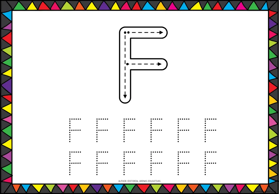 Capital letter F tracing: students follow a down stroke and two across strokes along arrows, then trace 12 dotted F's