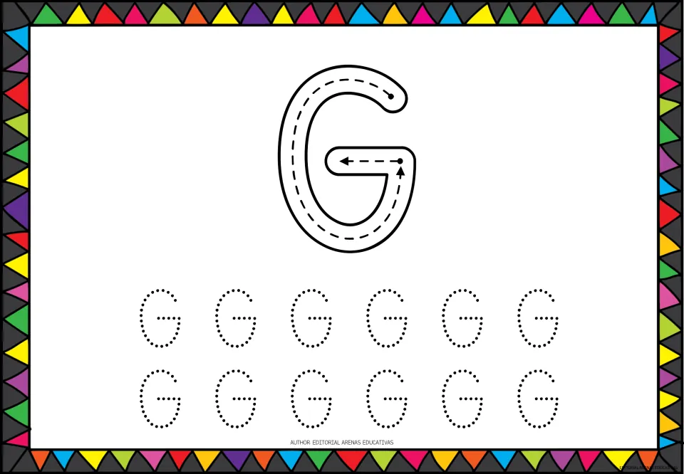 Capital letter G tracing: students follow the curve and inward bar arrows on a large G, then trace 12 dotted G's