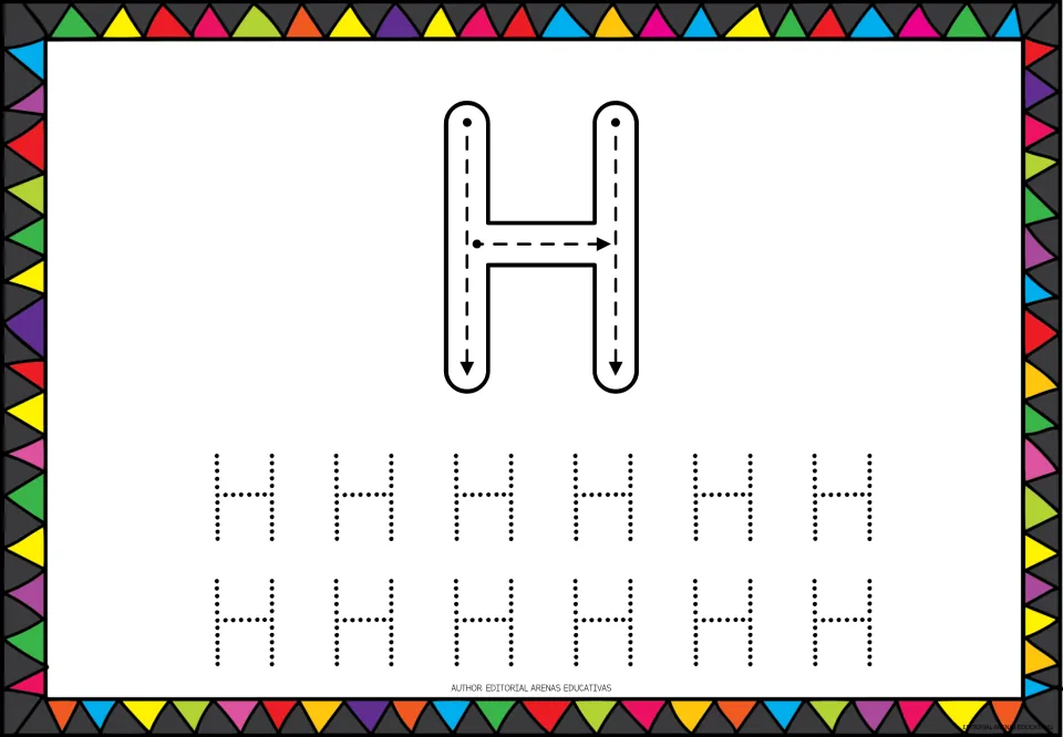 Capital letter H tracing: students trace two down strokes and a middle crossbar by arrows, then 12 dotted H's
