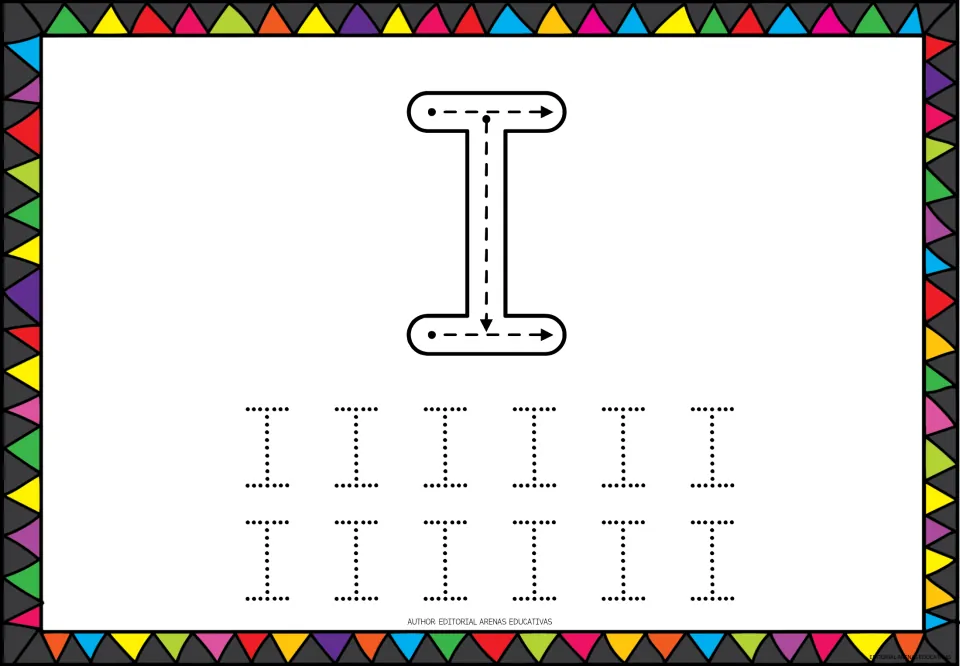 Capital letter I tracing: students trace a top bar, a down stroke and a bottom bar by arrows, then 12 dotted I's