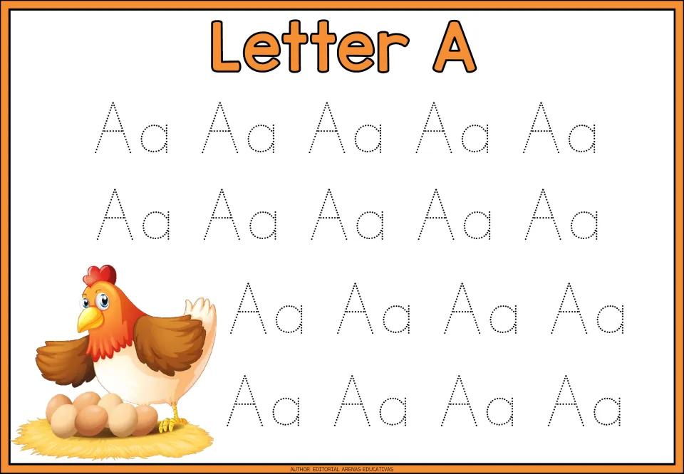 Letter A tracing page in the animal-themed alphabet minibook, featuring 18 uppercase A and lowercase a pairs.