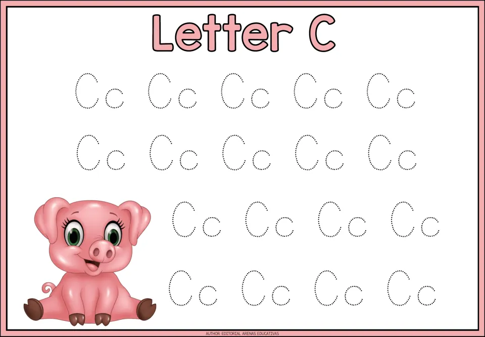 Letter C tracing page in the animal-themed alphabet minibook, featuring 18 uppercase C and lowercase c pairs.