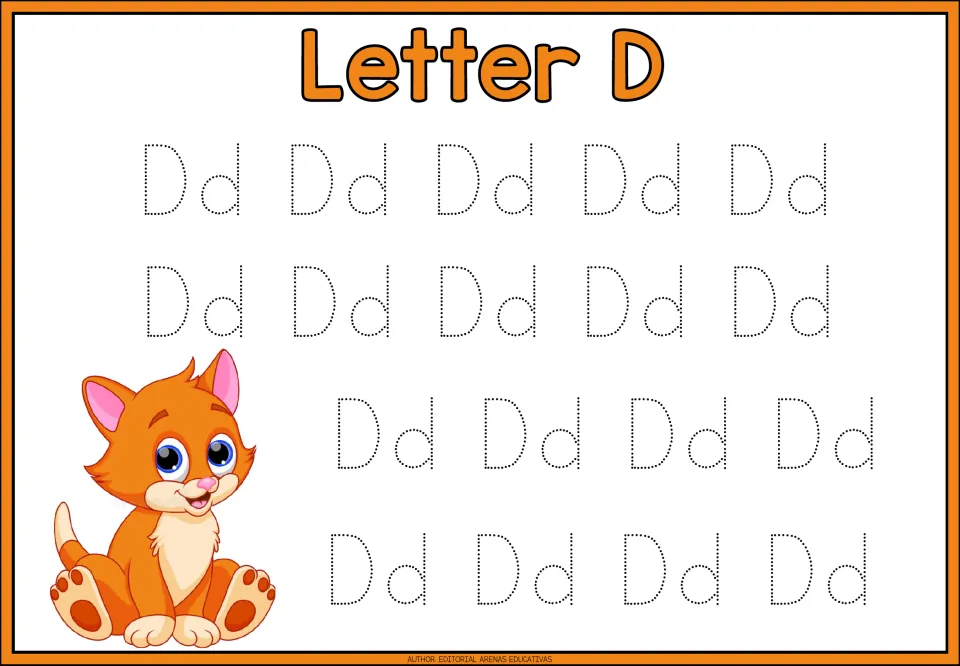 Letter D tracing page in the animal-themed alphabet minibook, featuring 18 uppercase D and lowercase d pairs.