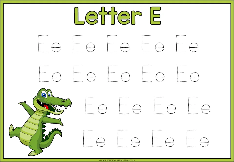 Letter E tracing page in the animal-themed alphabet minibook, featuring 18 uppercase E and lowercase e pairs.