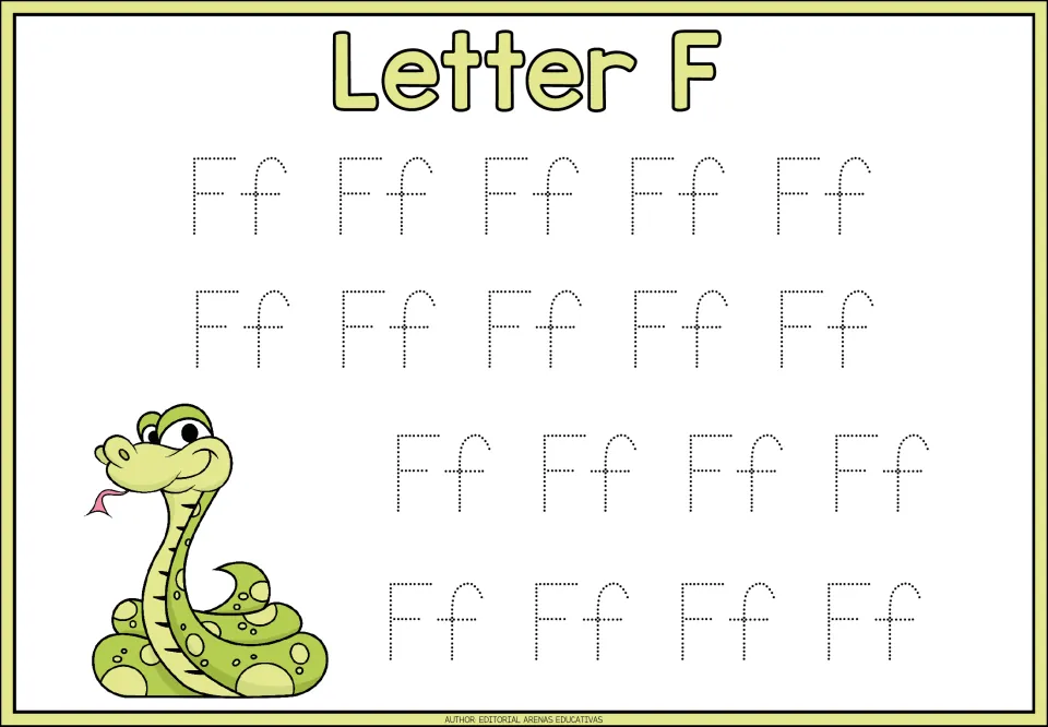 Letter F tracing page in the animal-themed alphabet minibook, featuring 18 uppercase F and lowercase f pairs.