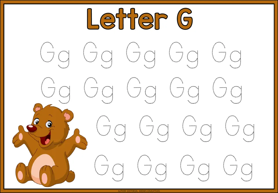 Letter G tracing page in the animal-themed alphabet minibook, featuring 18 uppercase G and lowercase g pairs.