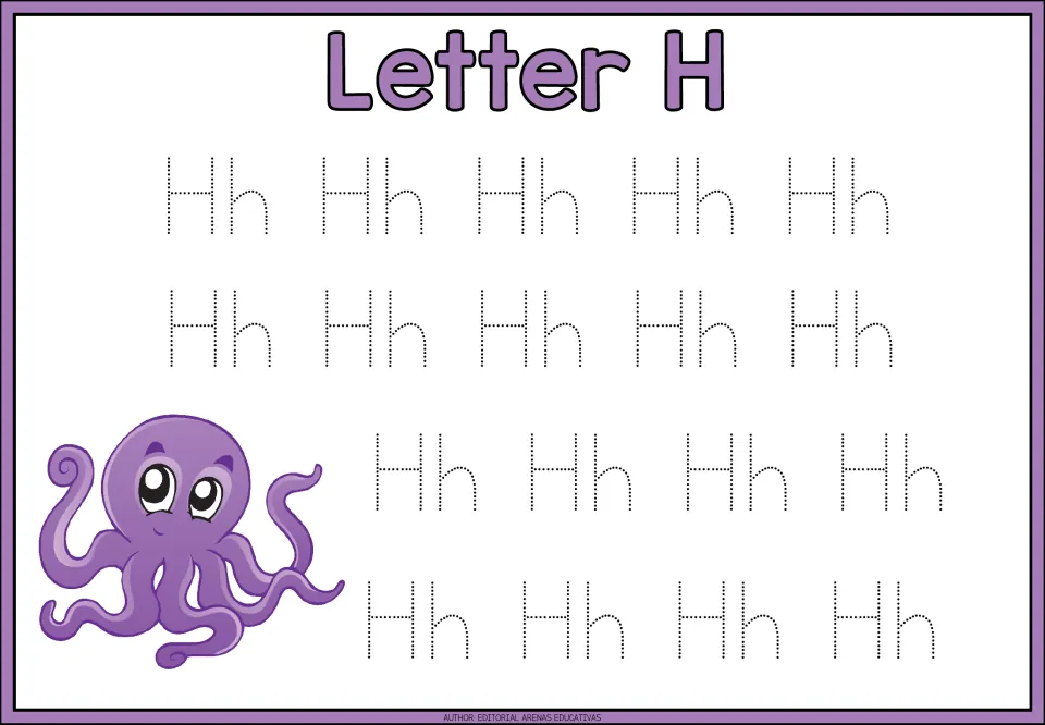 Letter H tracing page in the animal-themed alphabet minibook, featuring 18 uppercase H and lowercase h pairs.