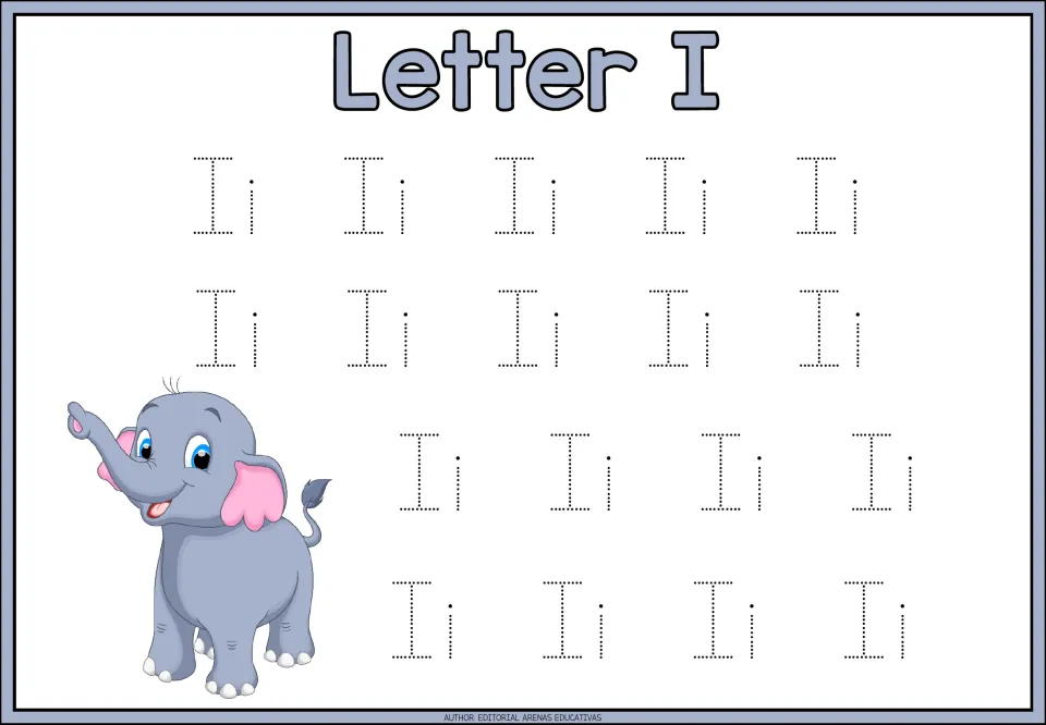Letter I tracing page in the animal-themed alphabet minibook, featuring 18 uppercase I and lowercase i pairs.