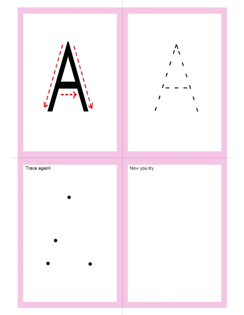 Uppercase A letter formation: red arrows show two slanted strokes and a crossbar; students trace, join dots, then write A