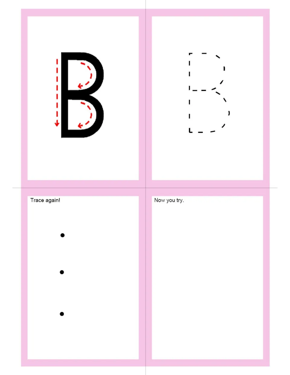 Uppercase B letter formation: arrows show a down stroke and two curves; students trace a dashed B, join dots, then write B