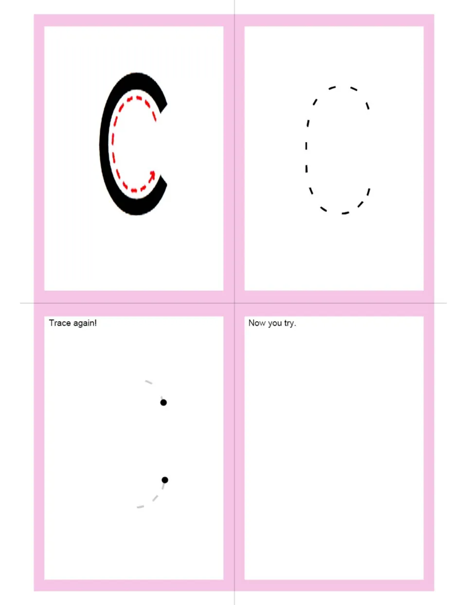 Uppercase C letter formation: curved arrow models the C stroke; students trace a dashed C, finish a faded C, then write C