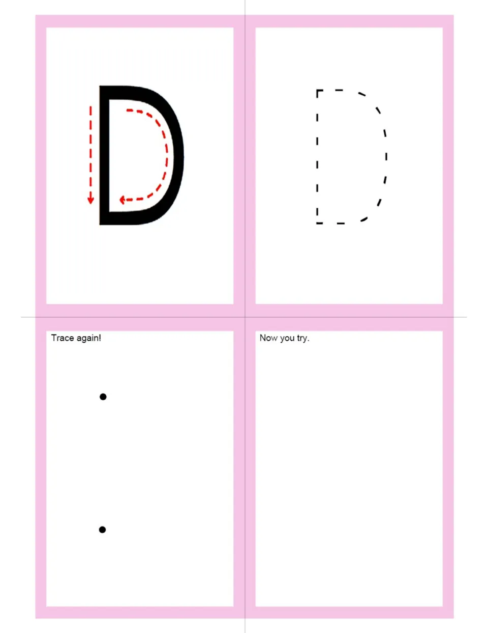 Uppercase D letter formation: arrows show a down stroke then a curve; students trace a dashed D, join two dots, write D