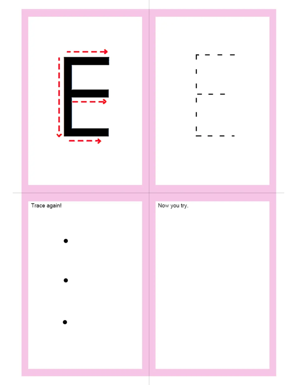 Uppercase E letter formation: arrows show a down stroke and three across strokes; students trace E, connect dots, write E