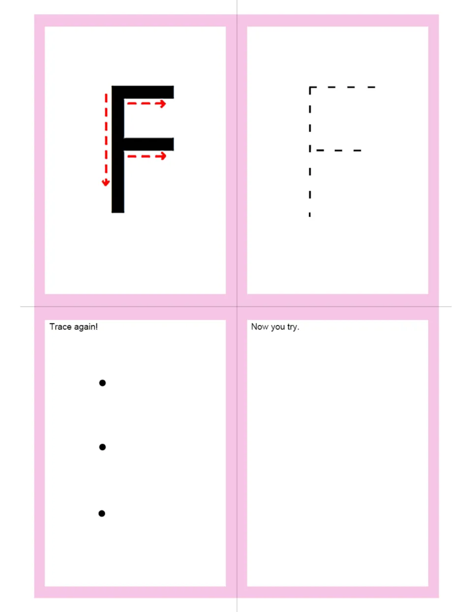 Uppercase F letter formation: arrows show a down stroke and two across strokes; students trace F, join dots, then write F