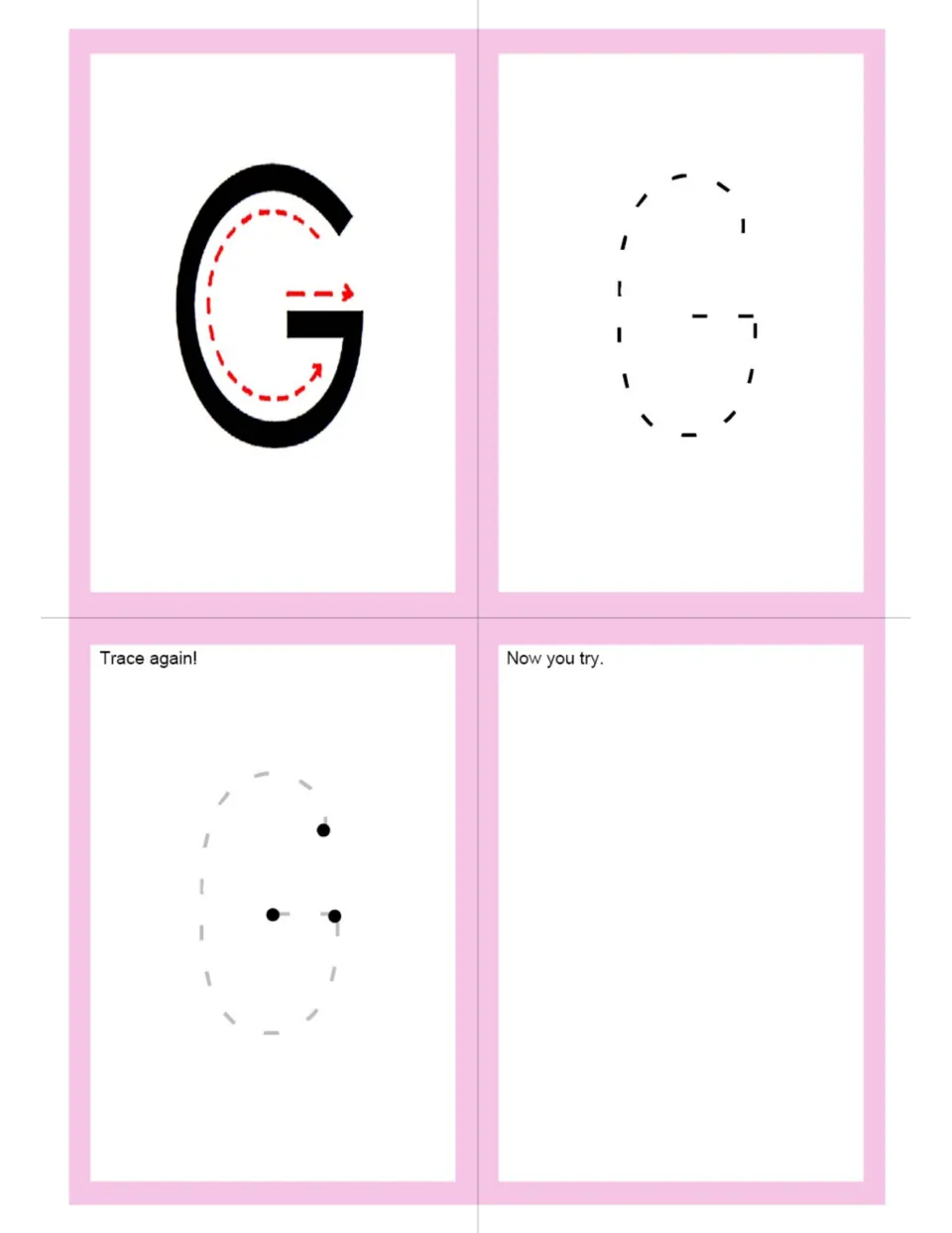 Uppercase G letter formation: arrows show a curve and inward bar; students trace a dashed G and a faded G, then write G
