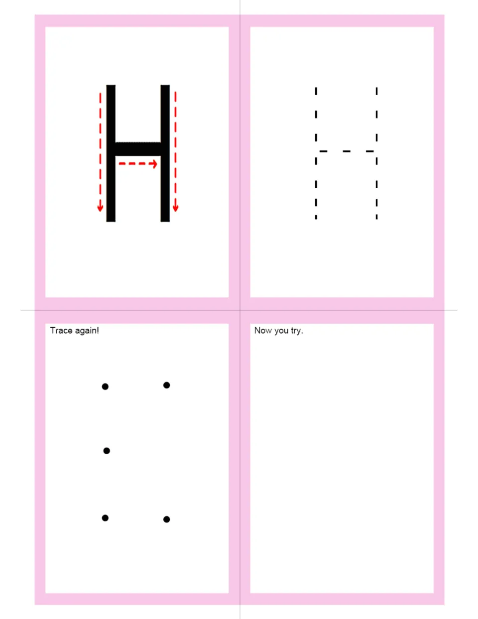 Uppercase H letter formation: arrows show two down strokes and a crossbar; students trace H, join five dots, then write H