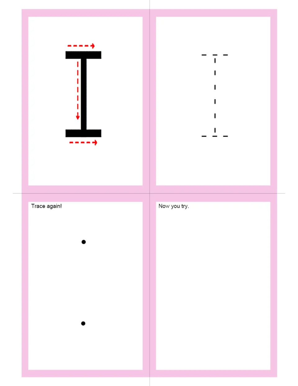 Uppercase I letter formation: arrows show top bar, down stroke and bottom bar; students trace I, join dots, then write I
