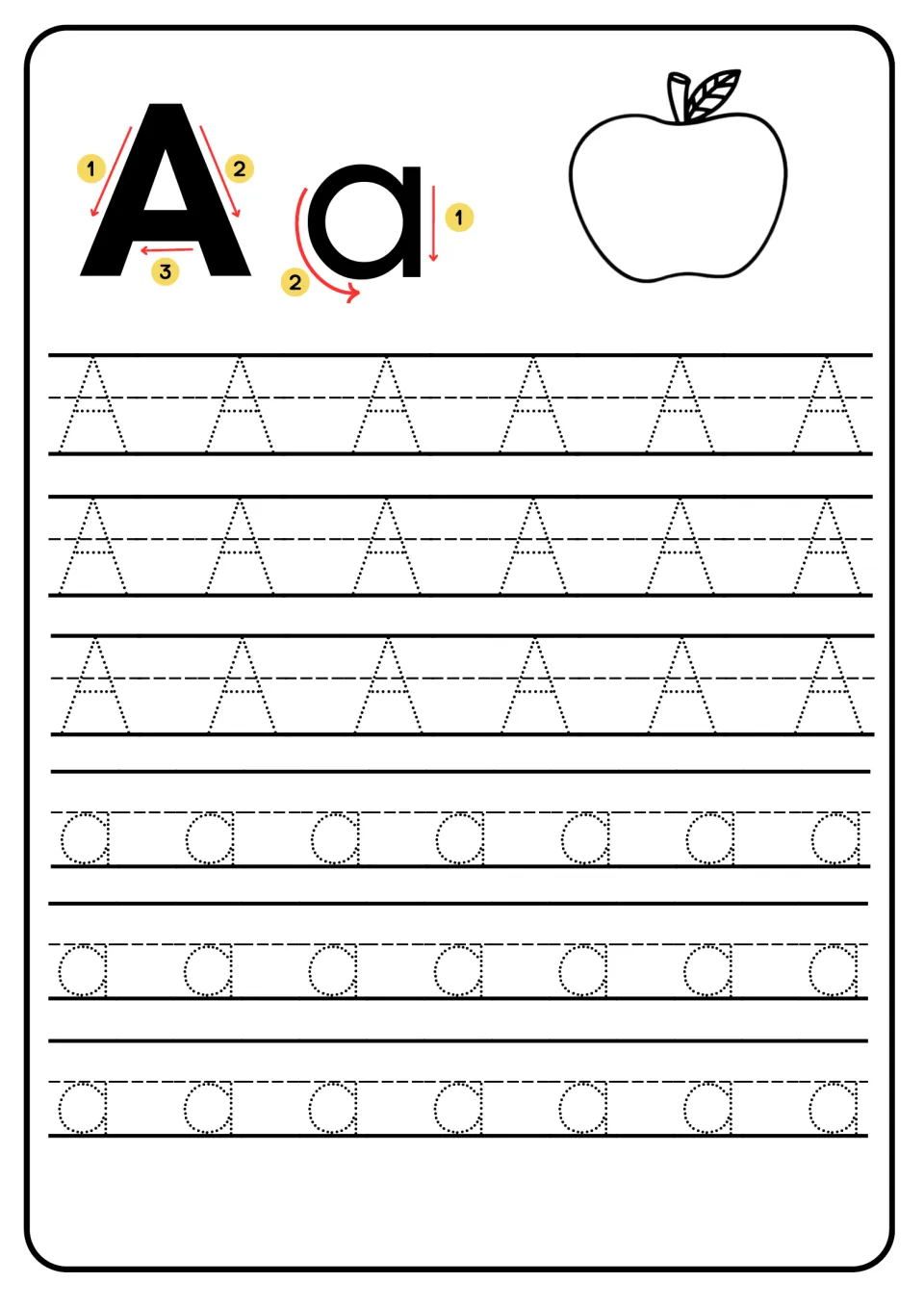 Letter Aa handwriting: numbered arrows show stroke order, then students trace dotted capital A and small a; apple picture