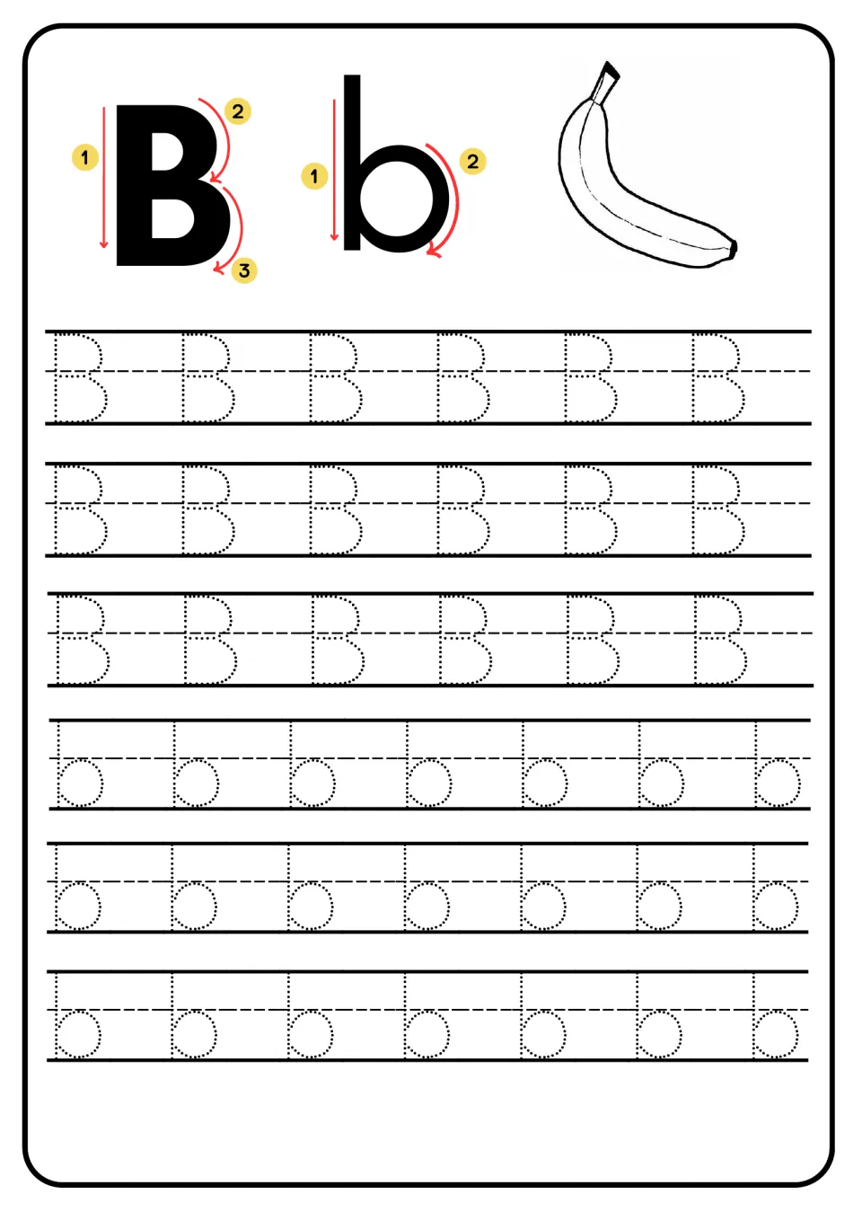 Letter Bb handwriting: numbered arrows show stroke order, then students trace dotted capital B and small b; banana picture