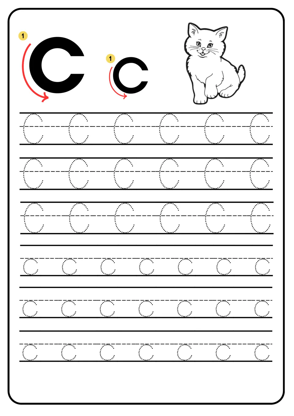 Letter Cc handwriting: arrows show the single curved stroke, then students trace dotted capital C and small c; cat picture