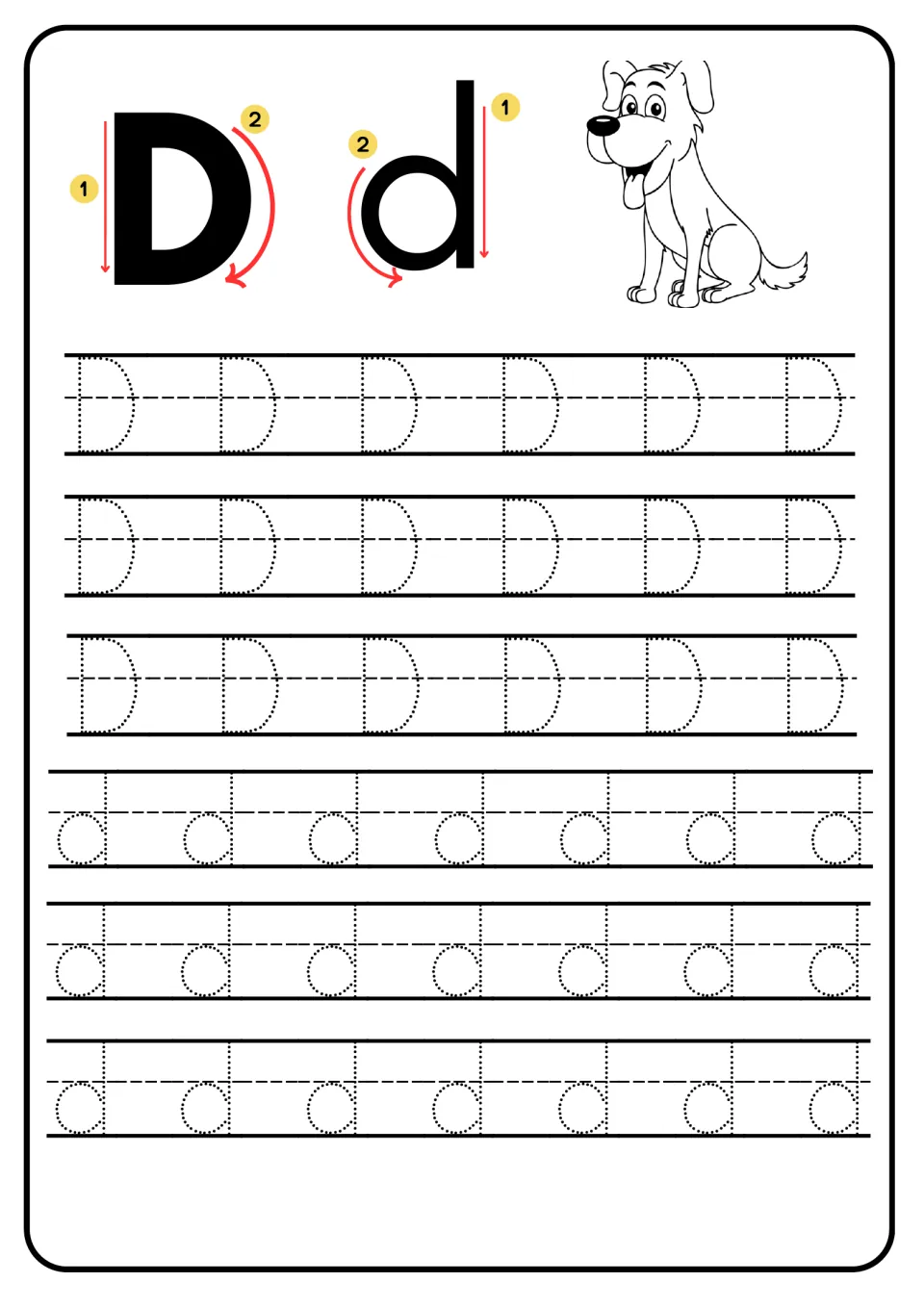 Letter Dd handwriting: numbered arrows show stroke order, then students trace dotted capital D and small d; dog picture