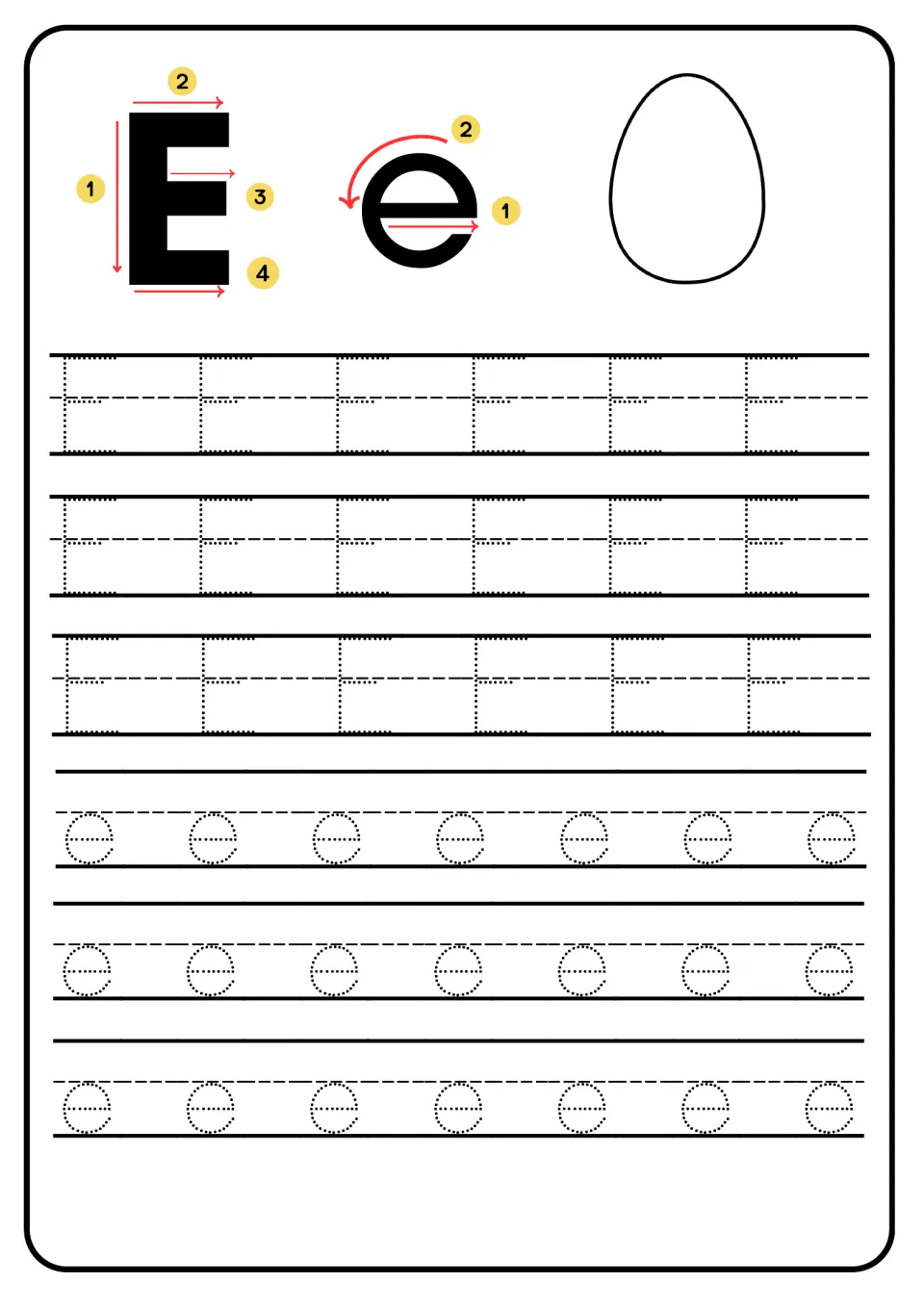 Letter Ee handwriting: four numbered strokes for E and two for e, then students trace dotted E and e; egg outline picture