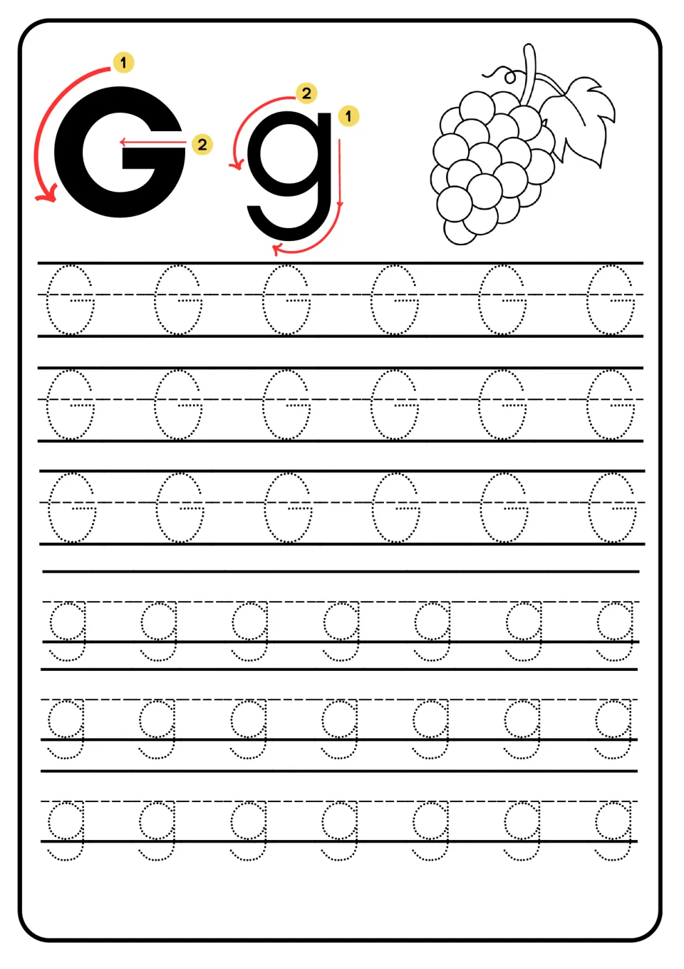Letter Gg handwriting: numbered arrows show stroke order, then students trace dotted capital G and small g; grapes picture