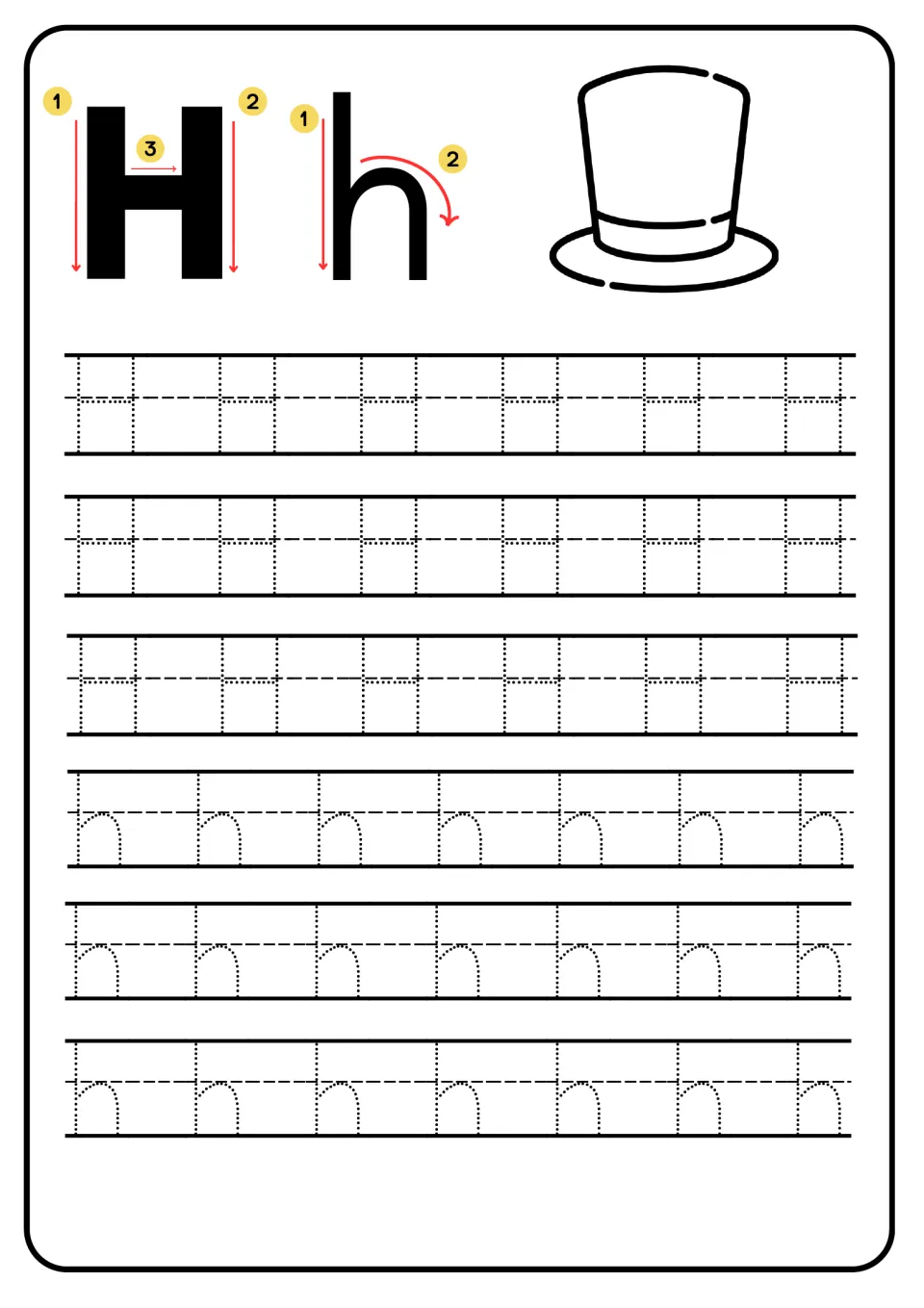 Letter Hh handwriting: numbered arrows show stroke order, then students trace dotted capital H and small h; top hat picture