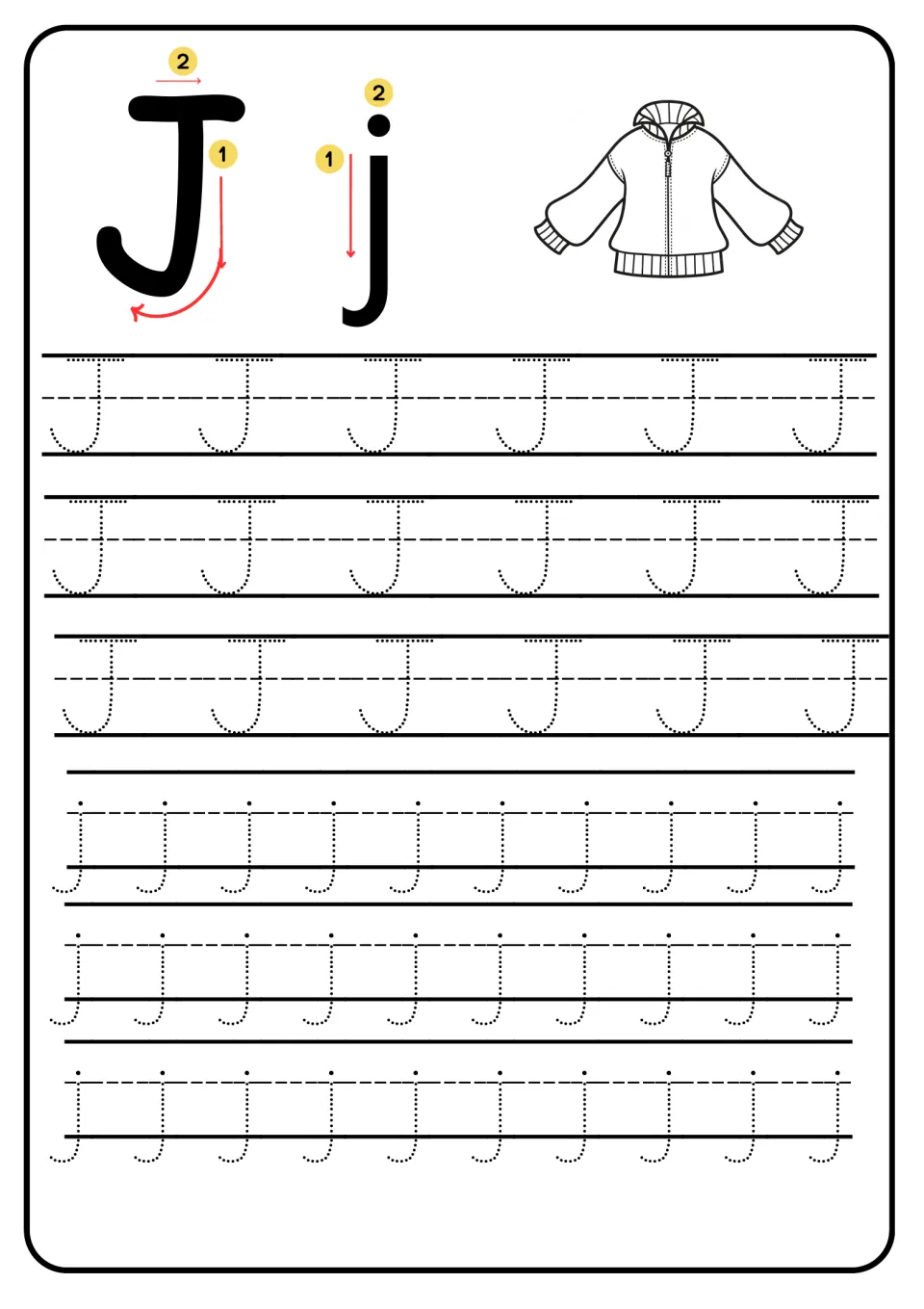 Letter Jj handwriting: numbered arrows show stroke order, then students trace dotted capital J and small j; jacket picture