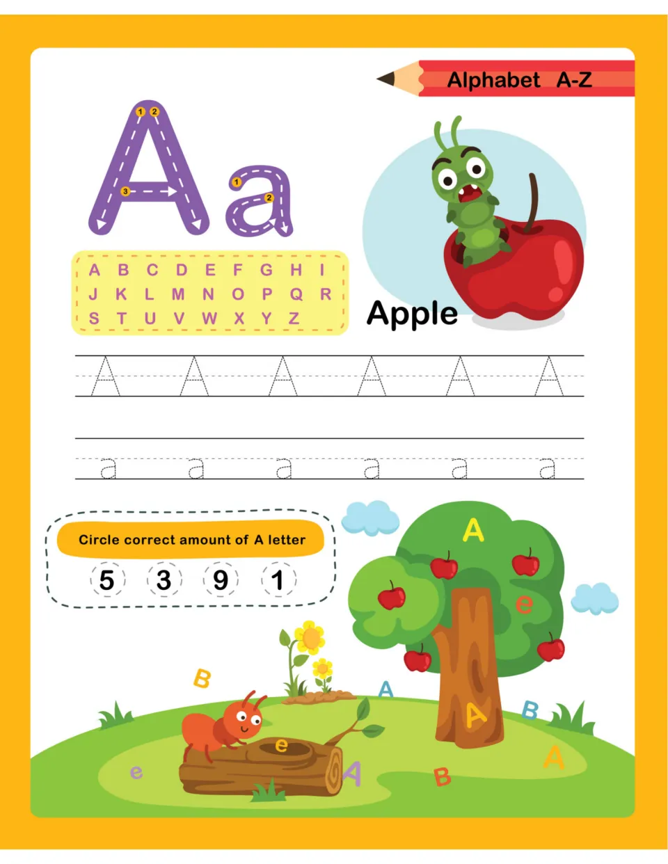 Letter A for Apple: students trace A and a, then count the A letters hidden in the apple tree scene and circle the number