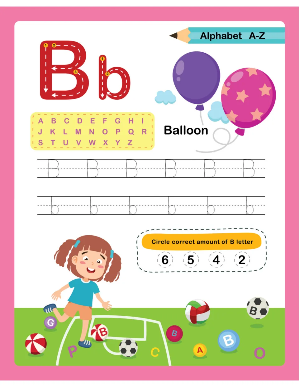 Letter B for Balloon: tracing uppercase B and lowercase b, then counting B letters on balls in a playground scene