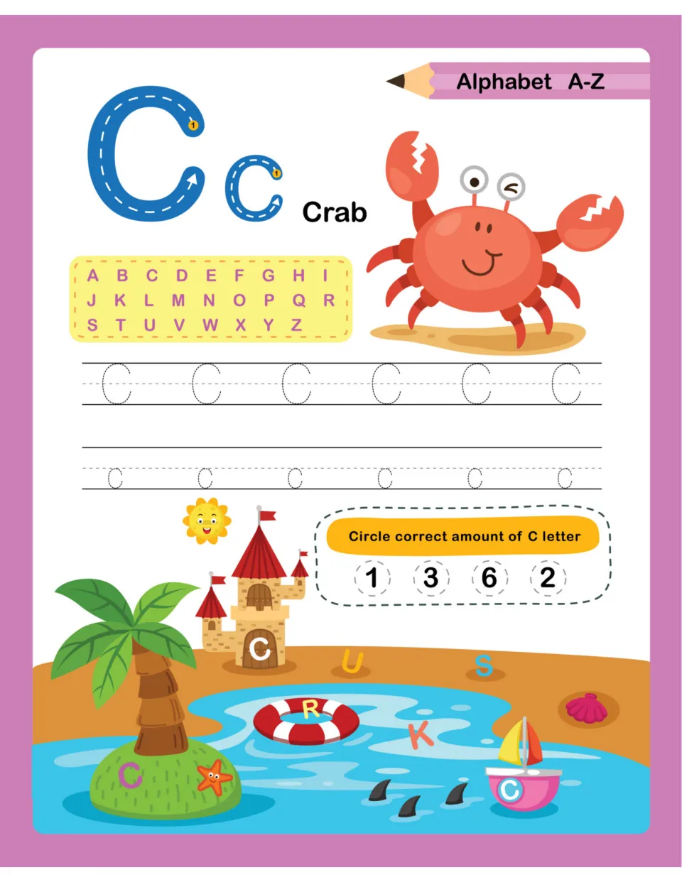 Letter C for Crab: children trace C and c following arrows, then find the C letters in a beach scene and circle the count