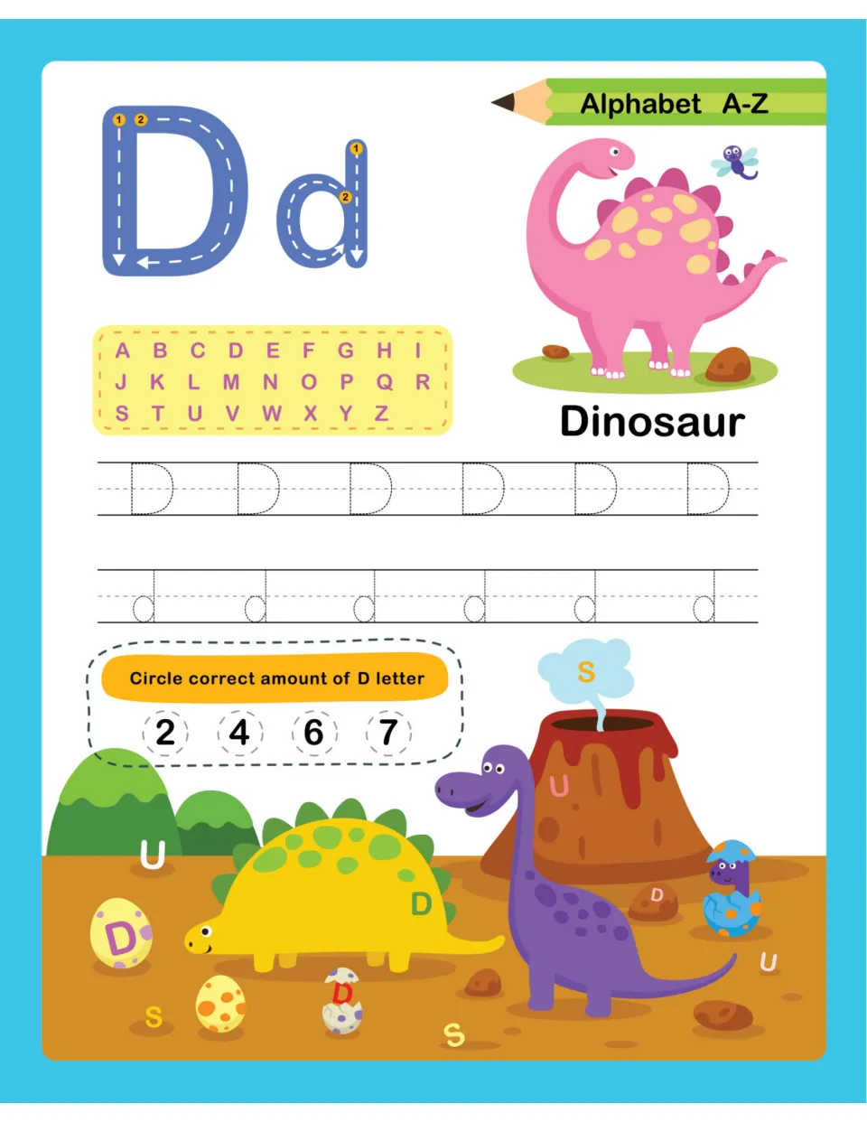 Letter D for Dinosaur: trace D and d by stroke order, then spot every D on eggs and dinosaurs and circle 2, 4, 6 or 7