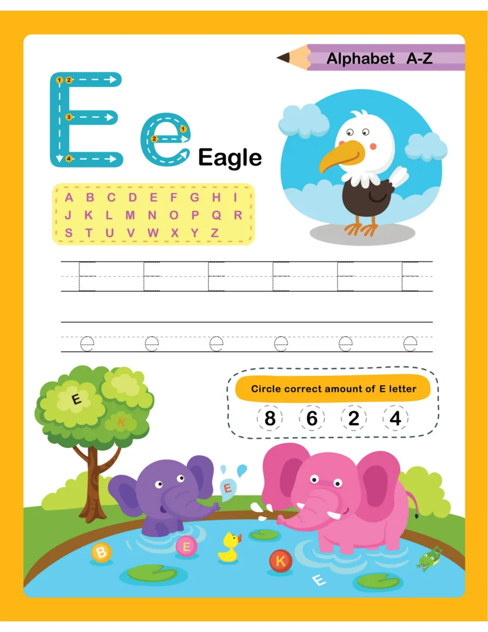 Letter E for Eagle: write E and e on dotted guides, then count E letters around elephants in a pond and circle it