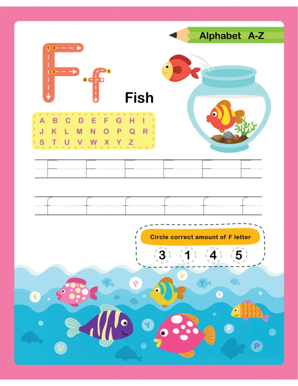Letter F for Fish: trace F and f, then look for the F letters in bubbles among underwater fish and circle 3, 1, 4 or 5