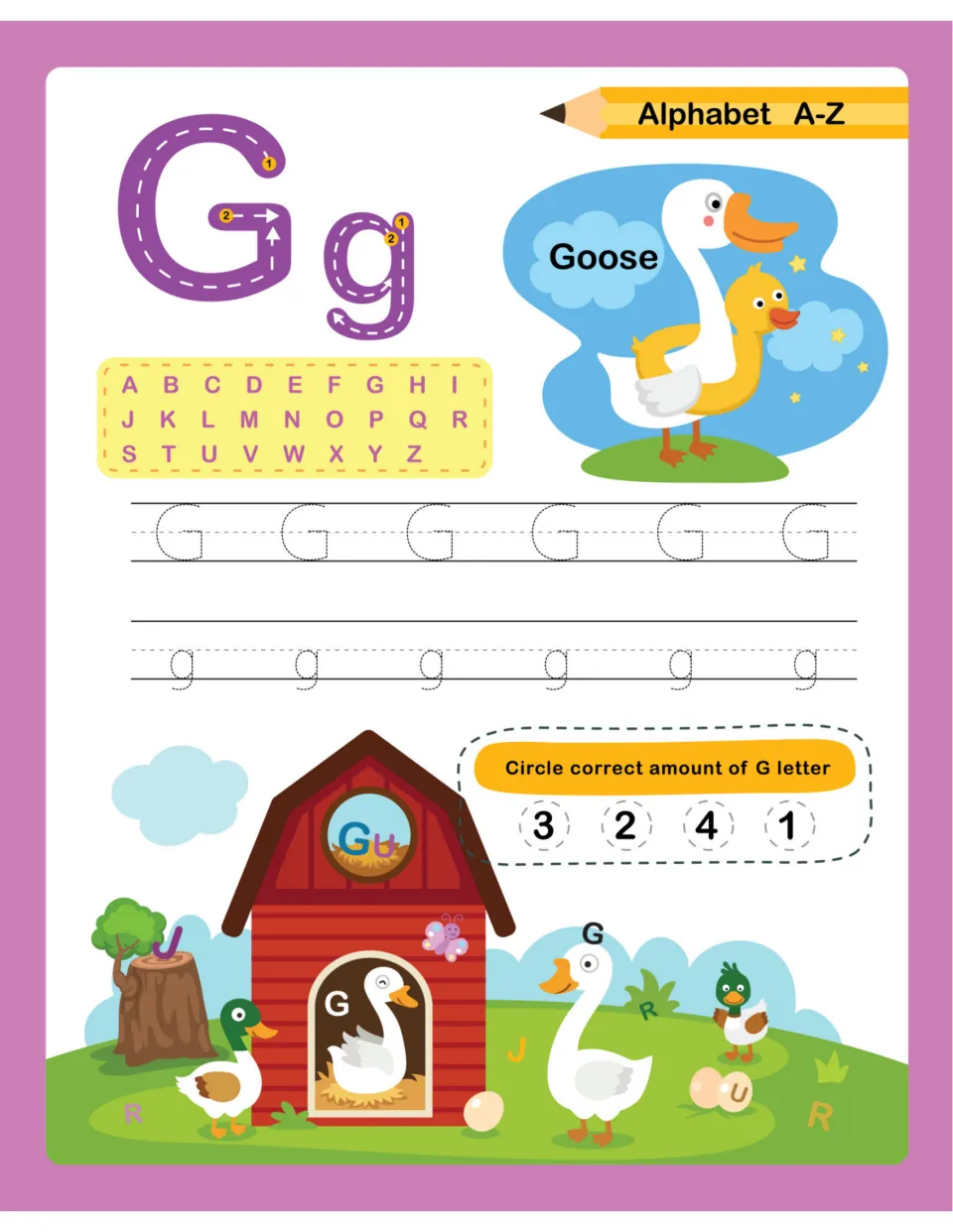 Letter G for Goose: students form G and g along dotted guides, then count the G letters on a farm with a barn and geese
