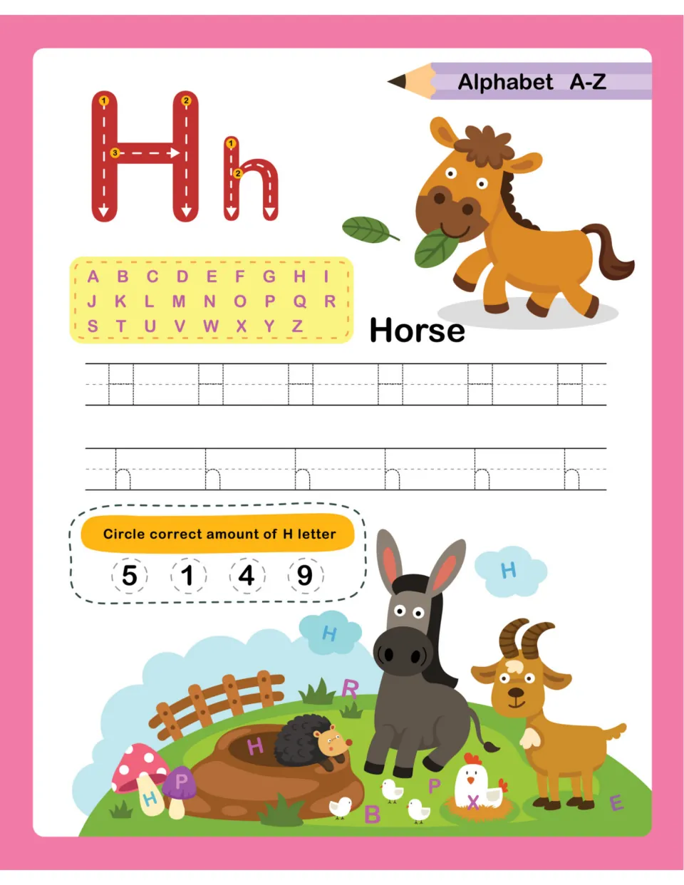 Letter H for Horse: trace H and h with stroke numbers, then count H letters near a donkey, goat and hedgehog