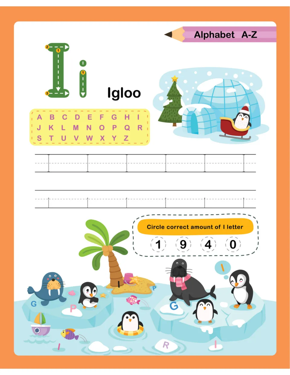 Letter I for Igloo: trace capital I and small i, then count the I letters among penguins and walruses on ice floes