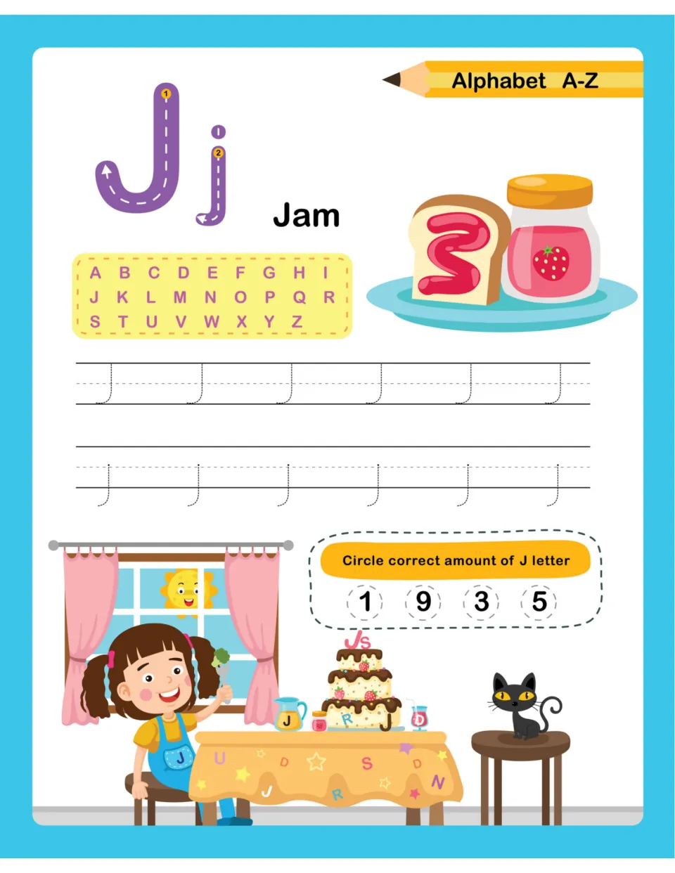 Letter J for Jam: children trace J and j, then search a kitchen table scene with a cake and cat for J letters