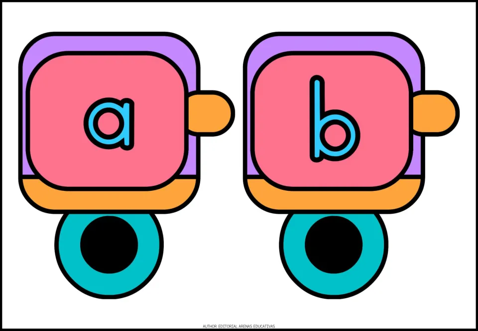 Lowercase alphabet train cards a and b, printed two per sheet as part of the a–z letter card set.