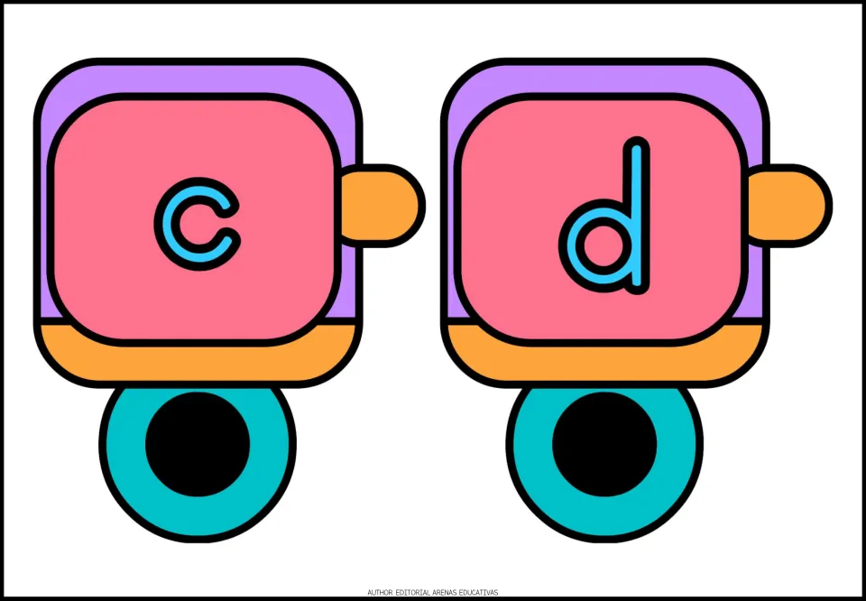 Lowercase alphabet train cards c and d, printed two per sheet as part of the a–z letter card set.