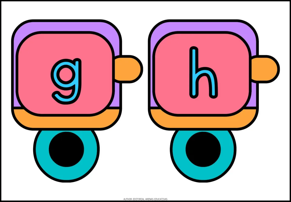 Lowercase alphabet train cards g and h, printed two per sheet as part of the a–z letter card set.