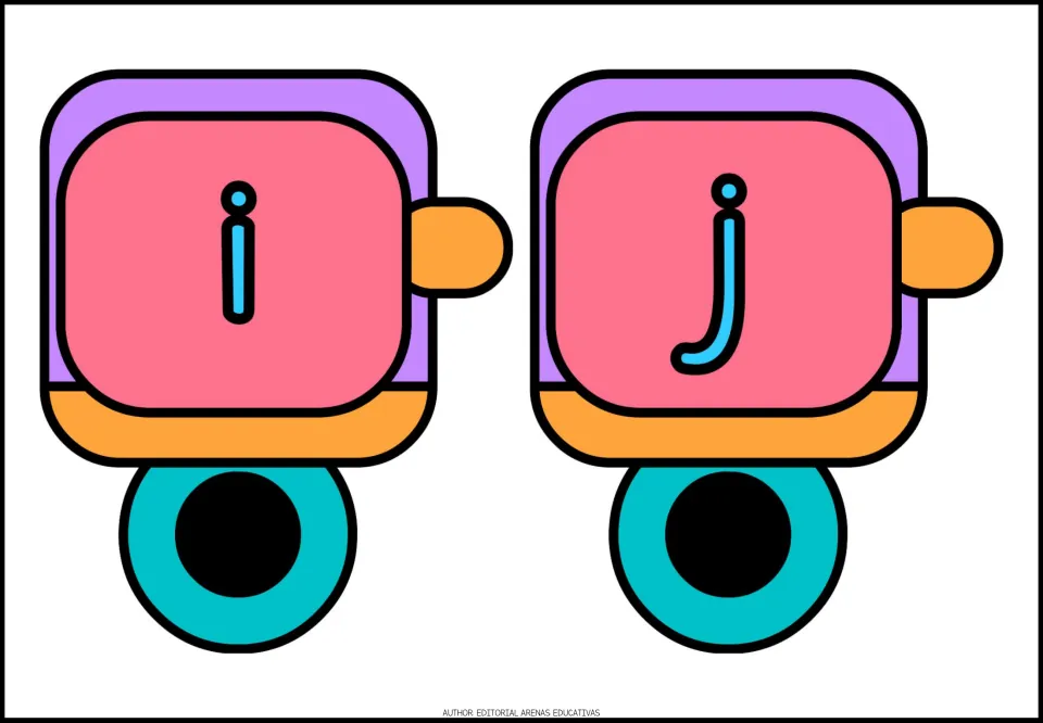 Lowercase alphabet train cards i and j, printed two per sheet as part of the a–z letter card set.