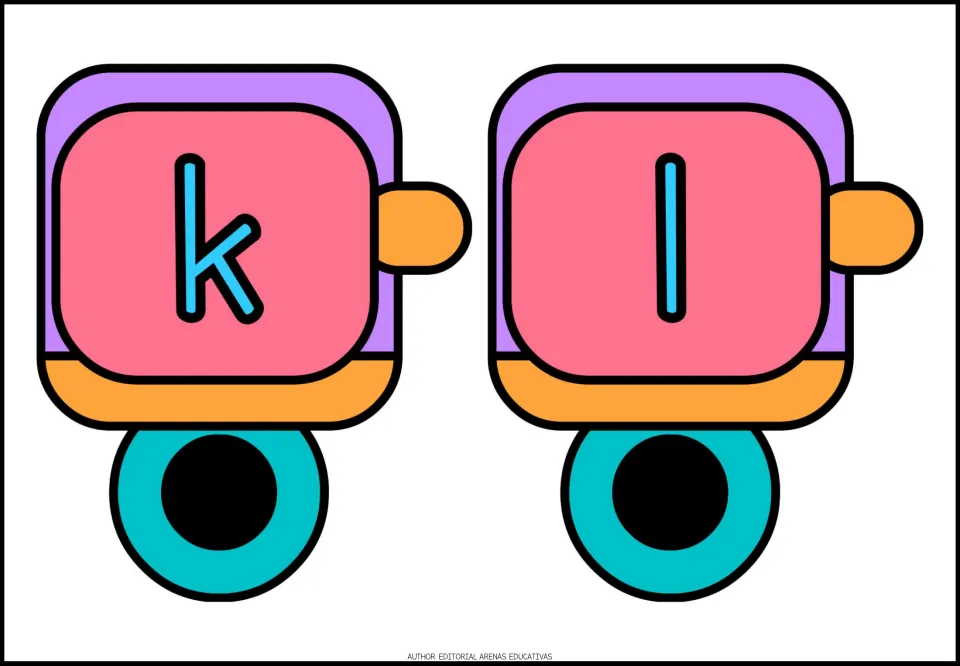 Lowercase alphabet train cards k and l, printed two per sheet as part of the a–z letter card set.