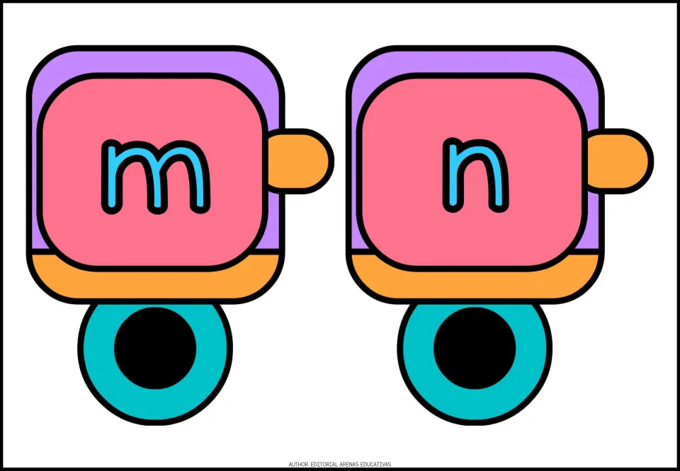 Lowercase alphabet train cards m and n, printed two per sheet as part of the a–z letter card set.